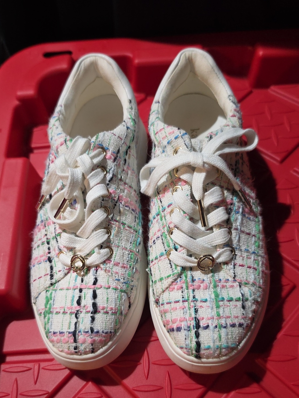 kate spade White Tweed Sneakers with Pastel Pink, Green & Blue Accents